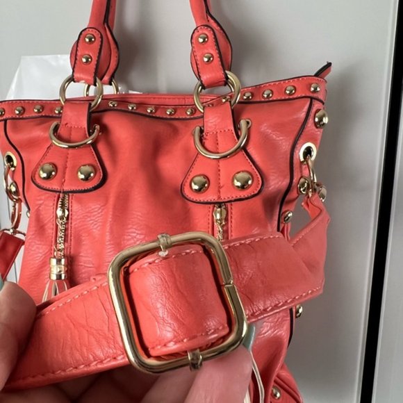 Coral Orange Vegan Leather Gold Studded Oversized Tote Bag With Adjustable Strap - Picture 10 of 16